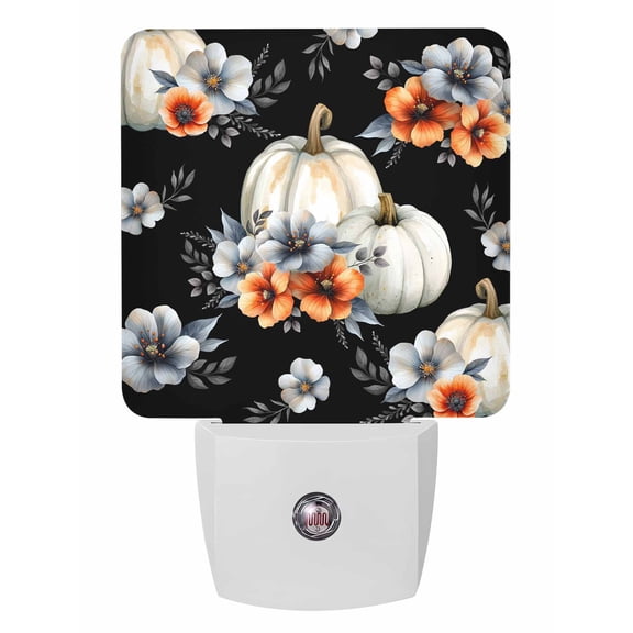 Fall Night Lights Auto Sensor White Pumpkin Plug-in LED Nightlights Dusk to Dawn for Living Room, Bedroom, Bathroom, Hallway, Stairways Thanksgiving Wall Decor, Watercolor Flowers Black Night Light