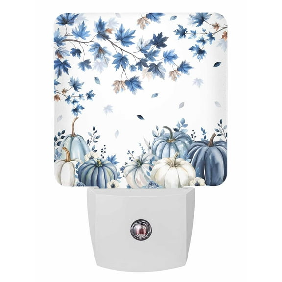 Fall Night Lights Auto Sensor White Pumpkin Plug-in LED Nightlights Dusk to Dawn for Living Room, Bedroom, Stairways Thanksgiving Wall Decor, Autumn Blue Maple Leaf Floral Branch Night Light