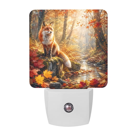 Fall Night Lights, Red Fox Orange Maple Leaves Forest Creek Amber Gold Sunbeam Smart Auto Dusk to Dawn Sensor Nightlights Plug-in Nightlight for Bedroom Bathroom Living Room Kitchen Hallway