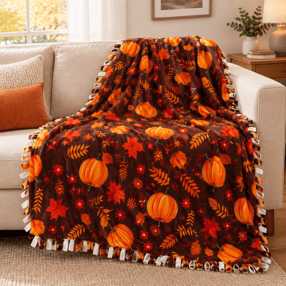 Fall No Sew Fleece Blanket Craft Kit, 57 x 57 Inch, 2 Piece Set