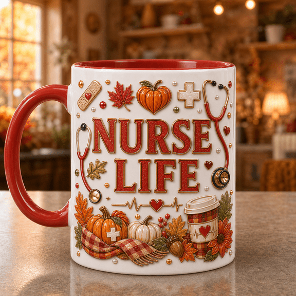 Fall Nurse Mug 3D Effect Coffee Cup with Stethoscope & Pumpkin Heart Gift