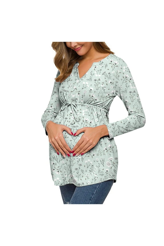 Fall Nursing Shirt for Women Maternity Clothing Fashion Solid Color V Neck Long Sleeve Button Breastfeeding Blouse Casual Pregnant Woman Clothes