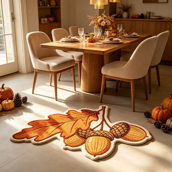 Fall Oak Leaf and Acorn Shaped Area Rug,Tufted Harvest Theme Floor Mat with White Plush Edge,Irregular Cut Carpet for Entryway Living Room Autumn Home Ornament,24"x16"