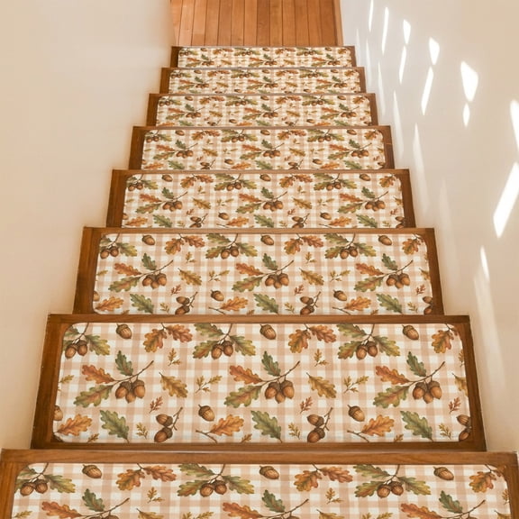 Fall Oak Leaves Non-Slip Stair Treads for Wooden Steps, 10 Pack 8x30 Inches Carpet Stair Mats with Adhesive Backing, Noise-Reducing Step Covers for Indoor Stairs, Easy to Install & Residue-Free