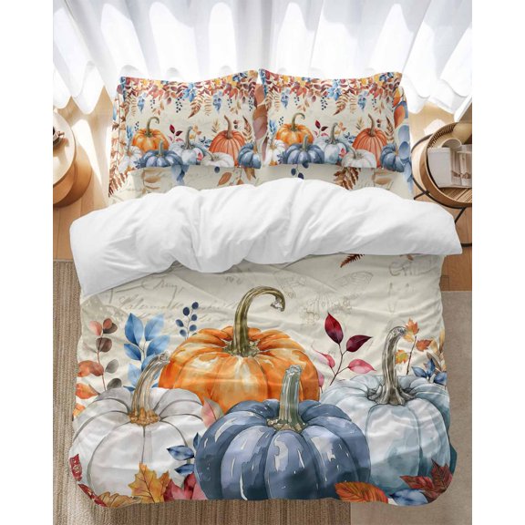 Fall Orange Bedding Duvet Cover Set Full Size 4 Pieces Blue Pumpkin Eucalyptus Leaf Retro Thanksgiving Bedding Set with Zipper Closure, 1 Comforter Cover 86x86 Inches 1 Flat Sheet & 2 Pillow Cases