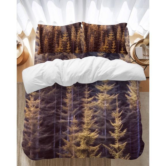 Fall Orange Bedding Duvet Cover Set Full Size 4 Pieces Forest Pine Trees Soft Twill Plush Quilt Cover, Include 1 Duvet Cover 1 Flat Sheet And 2 Pillow