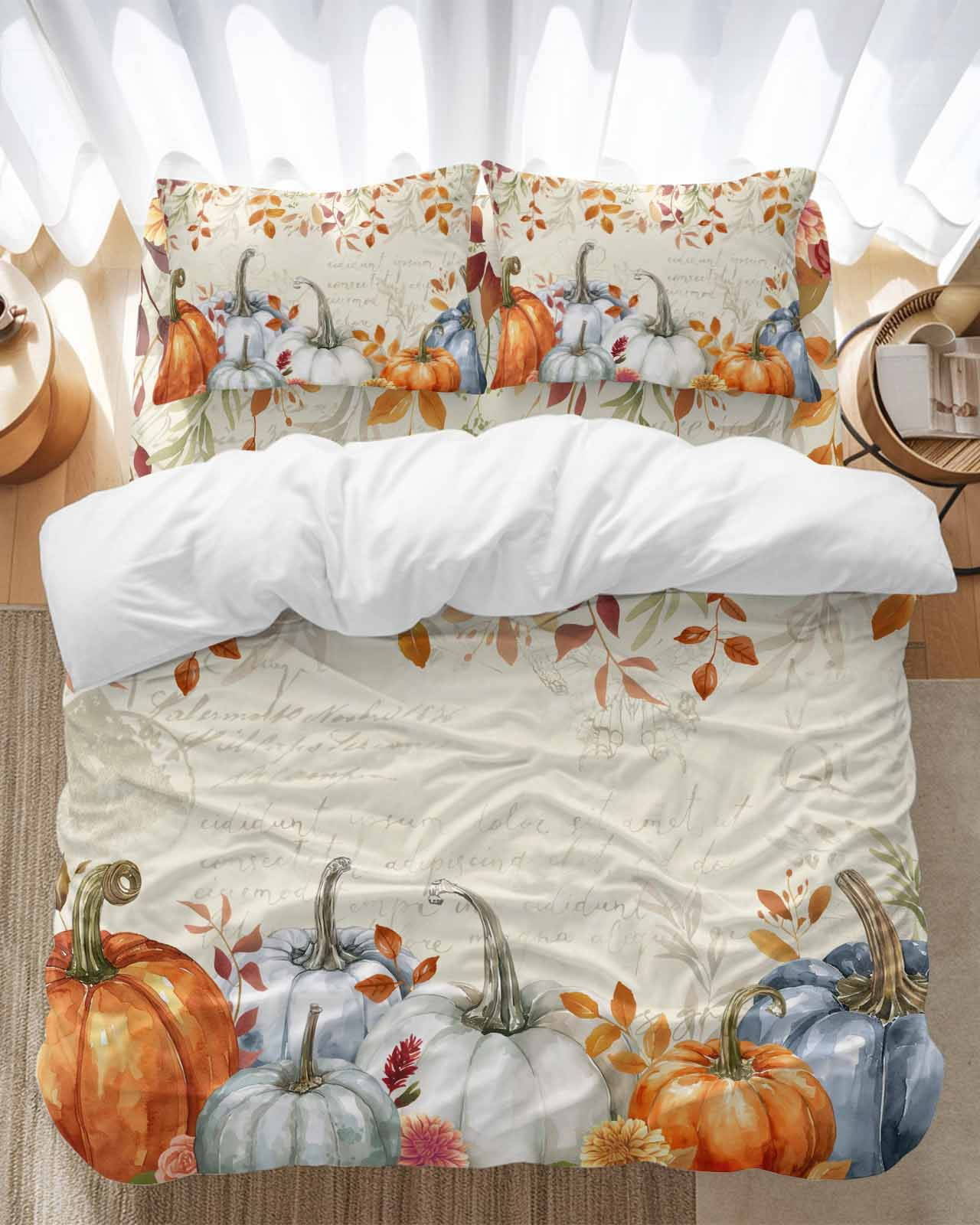 Fall Orange Bedding Duvet Cover Set Full Size 4 Pieces Pumpkin Fall ...