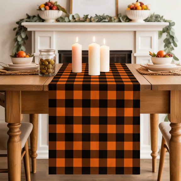 Fall Orange Black Plaid Table Runner 70 Inches Long,Kitchen Dining Tablerunners Halloween Minimalist Buffalo Check Linen Table Runners Dresser Scarves for Home Dinner Wedding Holiday Party Decor