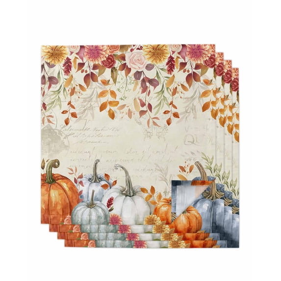 Fall Orange Blue Cloth Napkins Set of 4 Reusable Dinner Napkins, Autumn Thanksgiving Floral Botanical Cocktail Napkin Washable Table Napkins for Wedding/Holiday Party/Baby Shower 20"x20"