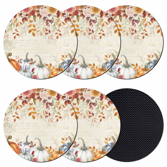 Fall Orange Blue Coasters Set of 6, Absorbent Coasters for Drinks, Autumn Thanksgiving Floral Botanical Coaster for Desk Coffee Table Protection, Home Decor House Warming Gifts 4"