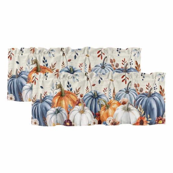 Fall Orange Blue Curtain Valances for Windows, Kitchen Valance Window Treatments Panel 2 Pack, Thanksgiving Floral Botanical Vintage Rod Pocket Short Curtains for Bathroom Bedroom 42 x 18 Inch