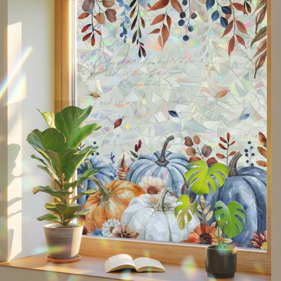 Fall Orange Blue Privacy Window Film, Decorative Stained Glass Window Film, Thanksgiving Floral Botanical Vintage Resuable Rainbow Static Cling for Home Bathroom Living Room Glass Door 17.7"x39.3"