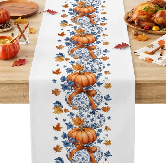 Fall Orange Blue Pumpkins Cotton Linen Rectangle Table Runners 13"x36", Thanksgiving Autumn Maple Leaves Coffee Table Runner Dresser Scarves Table Runners for Wedding Party Banquet Dinner Decor