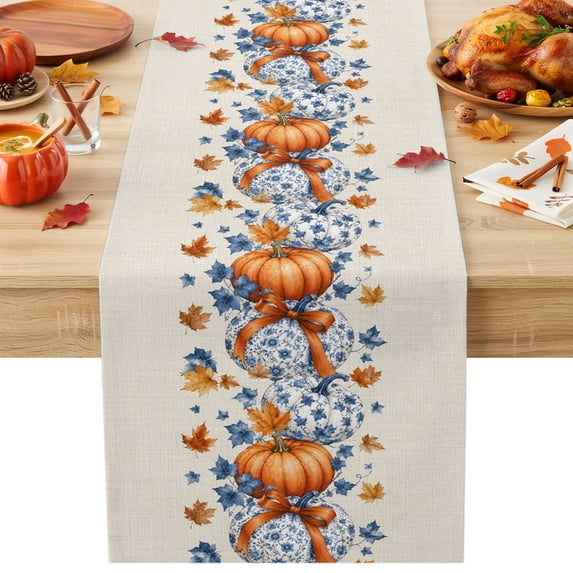 Fall Orange Blue Pumpkins Cotton Linen Rectangle Table Runners 13"x48", Thanksgiving Autumn Leaf Beige Coffee Table Runner Dresser Scarves Luxury Table Runners for Wedding Party Banquet Dinner Decor