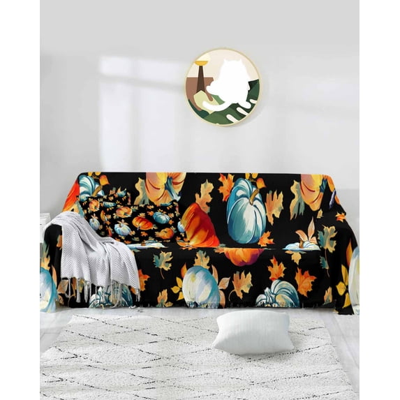 Fall Orange Blue Pumpkins Sofa Covers for 3 Cushion,Washable Couch Cover for Sectional Sofa Slipcovers with Tassel,Thanksgiving Maple Leaves Loveseat Covers Futon Cover Throw Blanket 71''x118''
