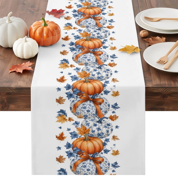 Fall Orange Blue Pumpkins Table Runner - 108 Inch Long Thanksgiving Autumn Maple Leaves Cotton and Linen Blended Dress Scarves Farmhouse Table Runner for Kitchen Dining, Coffee Table, 13" x 108"