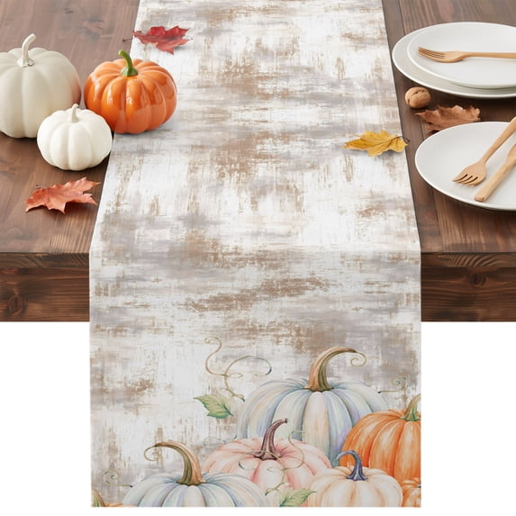 Fall Orange Blue Pumpkins Table Runner - 36 Inch Long Thanksgiving Autumn Harvest Cotton and Linen Blended Dress Scarves Farmhouse Table Runner for Kitchen Dining, Coffee Table, 13" x 36"