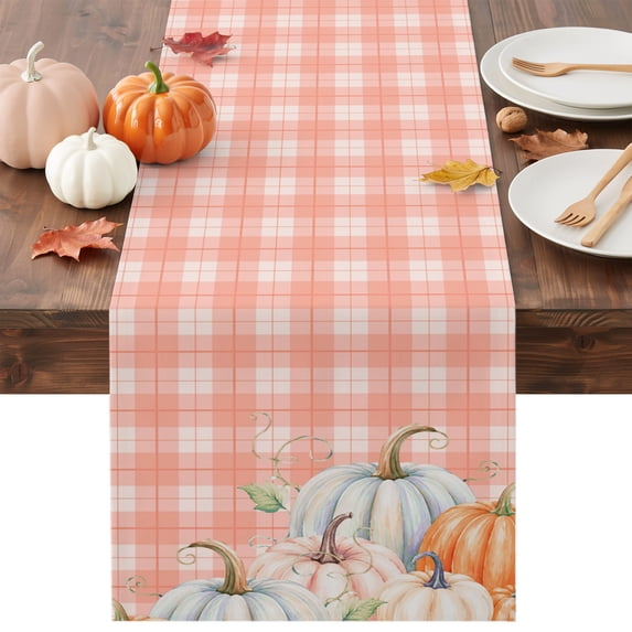 Fall Orange Blue Pumpkins Table Runner - 36 Inch Long Thanksgiving Harvest Pink Plaid Cotton and Linen Blended Dress Scarves Farmhouse Table Runner for Kitchen Dining, Coffee Table, 13" x 36"