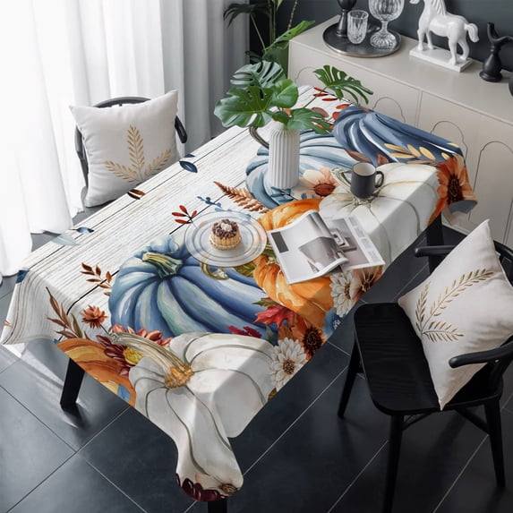 Fall Orange Blue Table Cloth Waterproof Tablecloths, Thanksgiving Floral Botanical Wooden Tablecloth Dining Table Cover for Kitchen Party Tabletop Outdoor, Rectangle Tablecloth 60x120 Inch