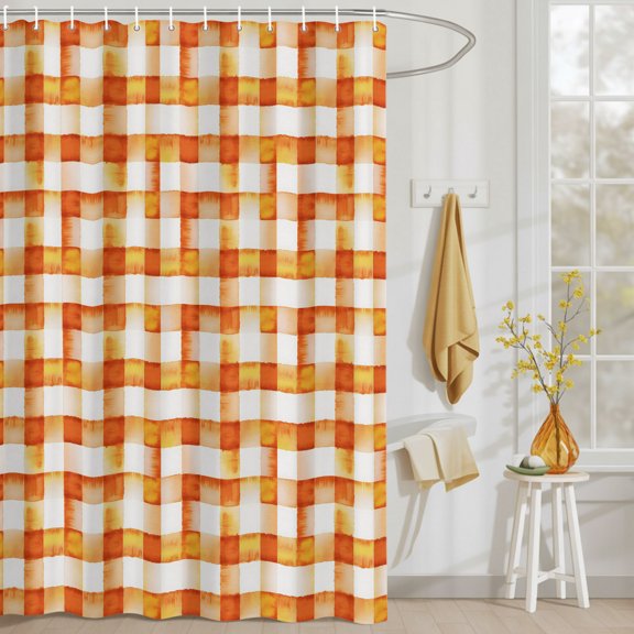 Fall Orange Buffalo Plaid Shower Curtain Set, Waterproof Shower Curtains With Grommet Hooks, Burnt Orange Gradient Privacy Bathroom Curtain for Bathtub 36x72IN