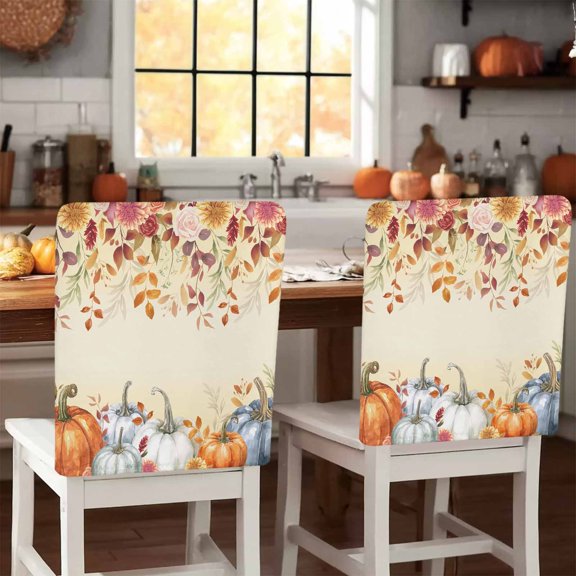 Fall Orange Chair Covers Set of 1 Pumpkin Fall Leaves Flowers Thanksgiving Ombre Chair Back Covers Stretch Removable Washable Slipcovers Protector for Dining Room Kitchen Party Decor