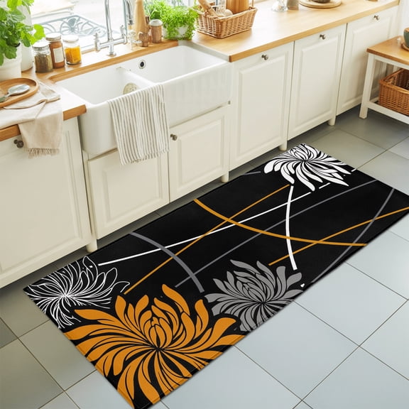 Fall Orange Chrysanthemum Rectangle Rug 2'x6' Medieval Minimalist Arcs Washable Area Rugs for Living Room Bedroom Entryway Non Slip Entrance Door Mat Indoor Floor Carpet