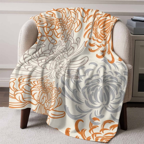 Fall Orange Chrysanthemums Flower Throw Blanket Flannel Fleece Throws, Country Blossom Floral Lightweight Super Soft Warm Blankets for Couch Sofa Bed All Season Use, 50x60 in