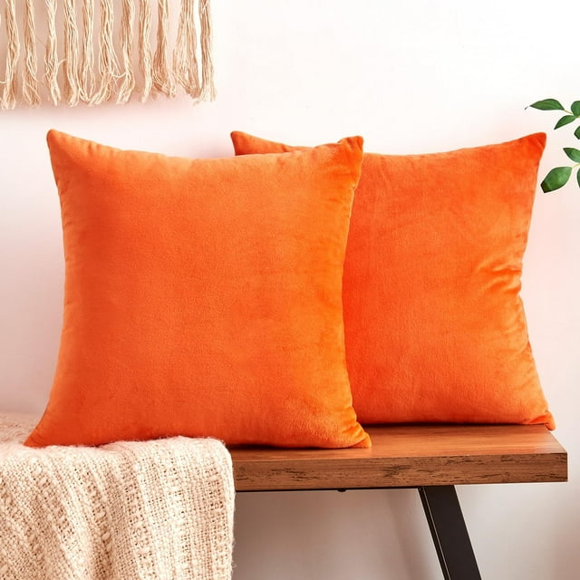Fall Orange Decorative Velvet Set of 2 18x18 Inch Pillow Covers, Soft
