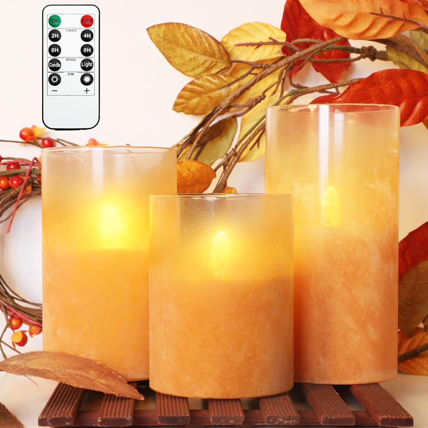 Fall Orange Flameless Candles Sandblasted Glass LED Candles Battery