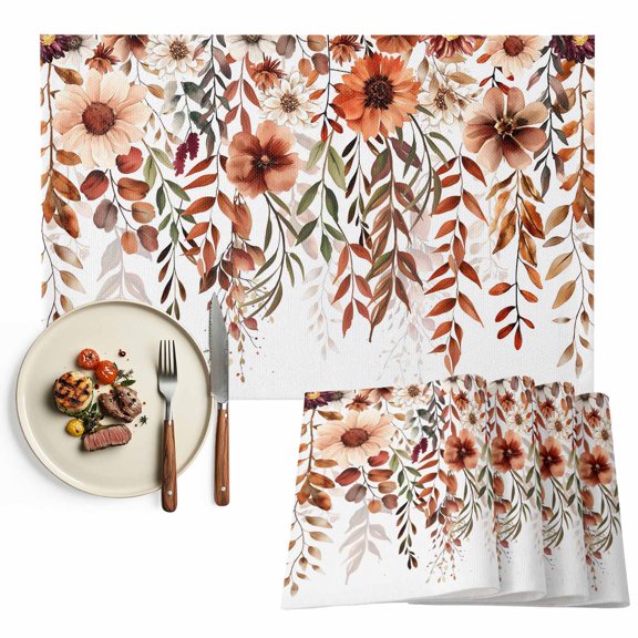 Fall Orange Floral Placemats Set of 1 Flower Leaf Heat Insulated Linen Place Mats, Washable Stain-Proof Table Mats for Dining Tables Holiday Decor 13x19inch