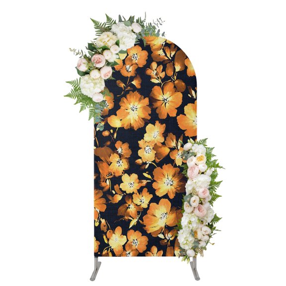 Fall Orange Flowers Arch Backdrop Cover 4FT, Autumn Gold Yellow Boho Floral Spandex Fitted Stretchy Arch Stand Covers, Round Top Chiara Backdrop Cover for Wedding Party Birthday Baby Shower