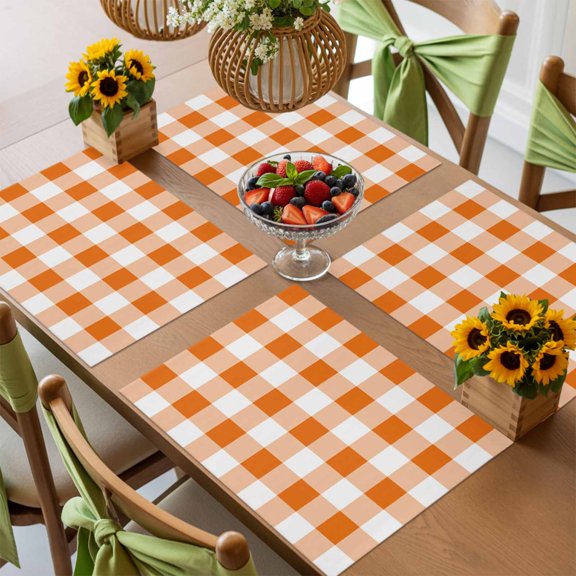 Fall Orange Gingham Check Placemats Set of 4,Wipeable Washable Table Mats for Dining Tables, Thanksgiving Classic Buffalo Place Mats for Kitchen Event Party Tabletop Decor