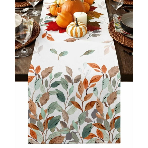 Fall Orange Green Leaves Table Runner-Cotton Linen- 36 Inch Holiday Dresser Scarves, Rustic Autumn Eucalyptus Tablerunner for Kitchen Coffee/Dining Bedroom Home Living Room Dinner Scarf Décor 13x36