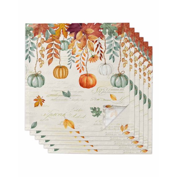 Fall Orange Green Pumpkins Cloth Napkins Set of 6 Reusable Dinner Napkins, Retro Thanksgiving Maple Leaf Cocktail Napkin Washable Table Napkins for Wedding/Holiday Party/Baby Shower 20"x20"
