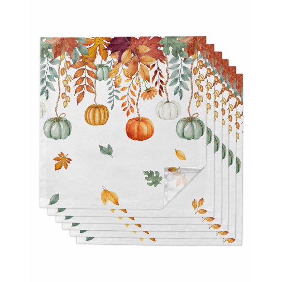 Fall Orange Green Pumpkins Cloth Napkins Set of 6 Reusable Dinner Napkins, Thanksgiving Maple Leaf Cocktail Napkin Washable Table Napkins for Wedding/Holiday Party/Baby Shower 20"x20"