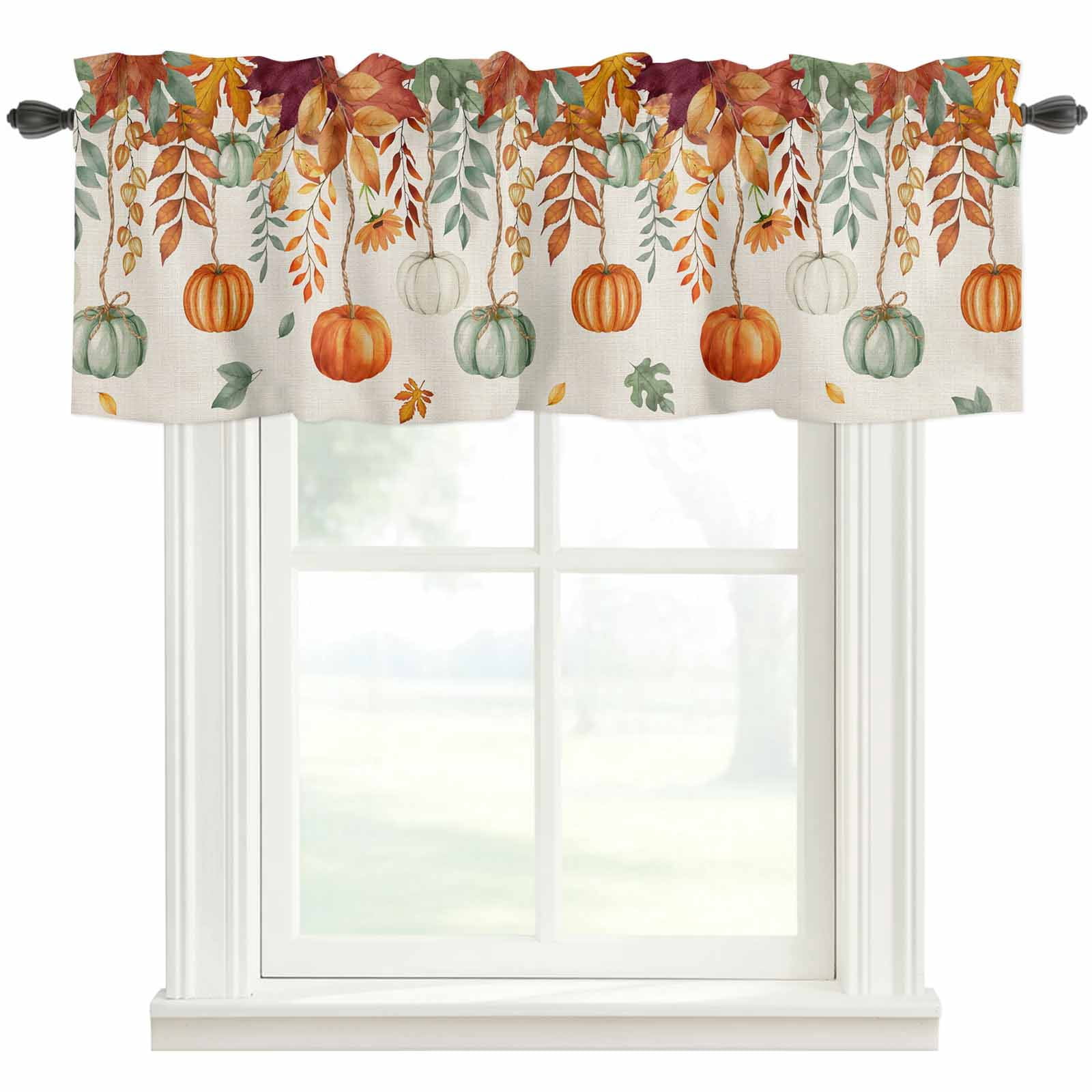 Fall Color Valances Fall Orange Green Pumpkins Farmhouse Short Window Curtain Valances ...