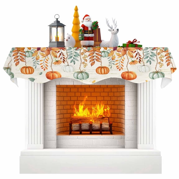 Fall Orange Green Pumpkins Fireplace Mantel Scarf Table Runner, Retro Thanksgiving Maple Leaf Winter Garland Mantel Top Tablerunners Dresser Scarves Cover Decorations for Party Living Room 90"x17"