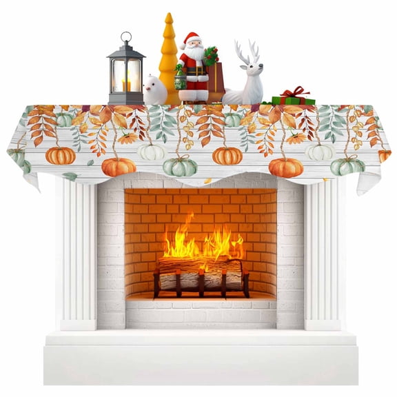 Fall Orange Green Pumpkins Fireplace Mantel Scarf Table Runner, Thanksgiving Maple Leaf Vintage Winter Garland Mantel Top Tablerunners Dresser Scarves Cover Decorations for Party Living Room 90"x17"