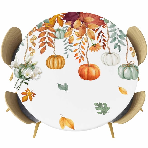 Fall Orange Green Pumpkins Round Tablecloth, Fitted Table Cover with Elastic for 36"-44" Round Tables, Thanksgiving Maple Leaf Table Cloth Outdoor Indoor Dinning Party Waterproof Tablecloths