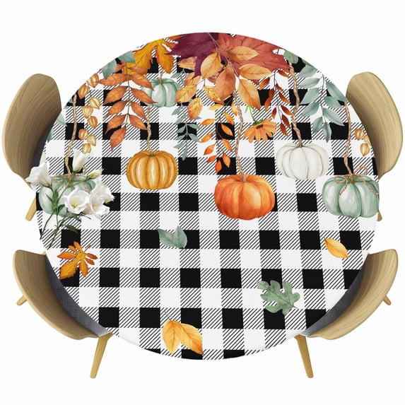 Fall Orange Green Pumpkins Round Tablecloth, Fitted Table Cover with Elastic for 36"-44" Round Tables, Thanksgiving Weeping Maple Leaf Table Cloth Outdoor Indoor Dinning Party Waterproof Tablecloths