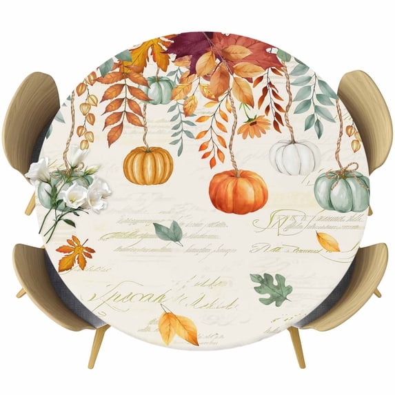 Fall Orange Green Pumpkins Round Tablecloth, Fitted Table Cover with Elastic for 45"-54" Round Tables, Retro Thanksgiving Maple Leaf Table Cloth Outdoor Indoor Dinning Party Waterproof Tablecloths