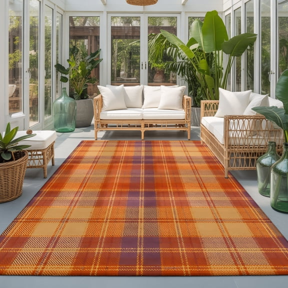 Fall Orange Grid 9'x12' Area Rugs for Living Room Sectional Sofa, Minimalist Purple Orange Plaid Stripes Modern Country Washable Sturdy Non Slip Soft Sturdy Rectangle Home Area Rug
