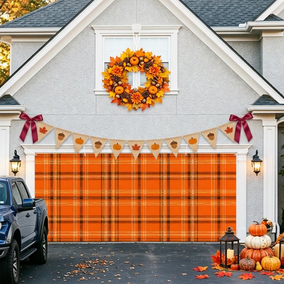 Fall Orange Grid Garage Door Banner Covers, Minimalist Orange Black Plaid Stripes Modern Countryside Large Hanging Indoor/Outdoor Backdrop Background for Christmas Winter Party Decor, 6.9x16ft