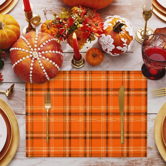 Fall Orange Grid Placemats Set of 12, Minimalist Orange Black Plaid Stripes Modern Countryside Non-Slip Place Mats Washable Table Mats for Kitchen Dining Table Decorations Indoor/Outdoor