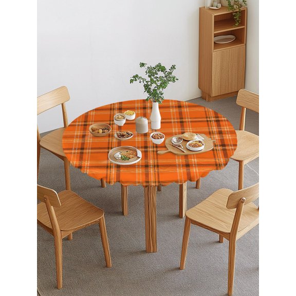 Fall Orange Grid Round Fitted Tablecloth with Elastic Edge, Minimalist Orange Black Plaid Stripes Modern Countryside Stretch Table Covers for 36"-44" Tables Wipeable Table Cloth for Outdoor