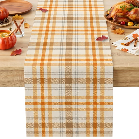 Fall Orange Grid Table Runner, Minimalist Orange Brown Lines Plaid Modern Country Cotton Linen Kitchen Table Decoration Washable Dining Tabletop Runners for Home Party Decor 13x36 Inches