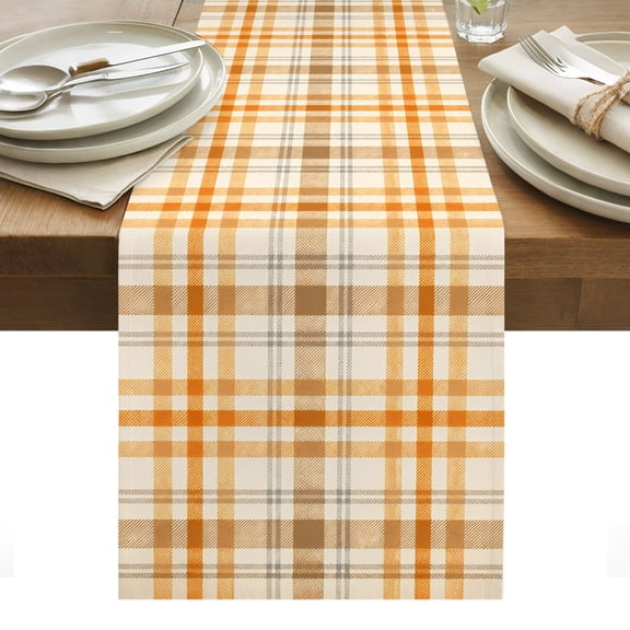 Fall Orange Grid Table Runner, Minimalist Orange Brown Lines Plaid Modern Country Washable Kitchen Table Runners for Dining Table Decorations Party/Restaurant/Indoor Outdoor Use, 13x36in