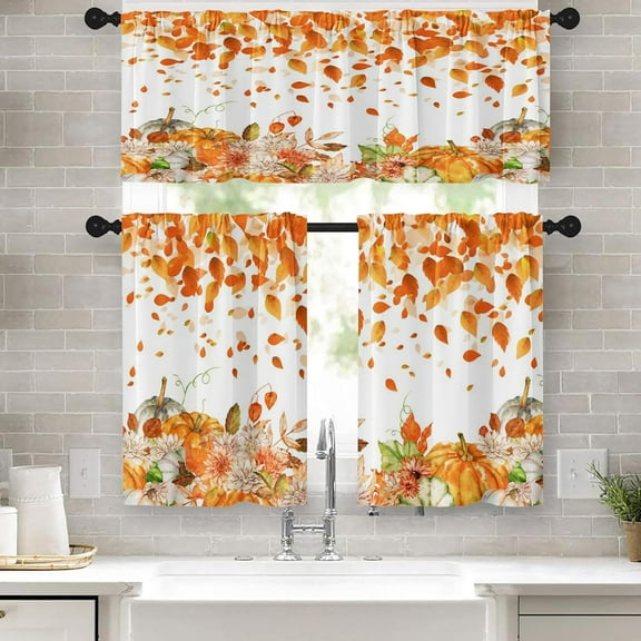 Fall Orange Leaves Kitchen Window Curtains Valance and Tier Set 36 Inch, Autumn Watercolor Pumpkin 3 Piece Window Treatment Tiers for Living Room Bedroom Kitchen Decor Drapes