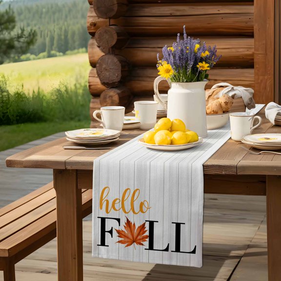 Fall Orange Maple Leaf Farm Retro Wood Grain Table Runner 13x72in Non-Slip Cotton Linen Table Runners, Autumn Thanksgiving Dresser Scarves TableRunner for Dinner Kitchen Dining Wedding Party