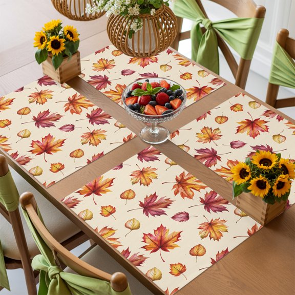 Fall Orange Maple Leaf Placemats Set of 4,Wipeable Washable Table Mats for Dining Tables, Thanksgiving Plant on Retro Back Place Mats for Kitchen Event Party Tabletop Decor